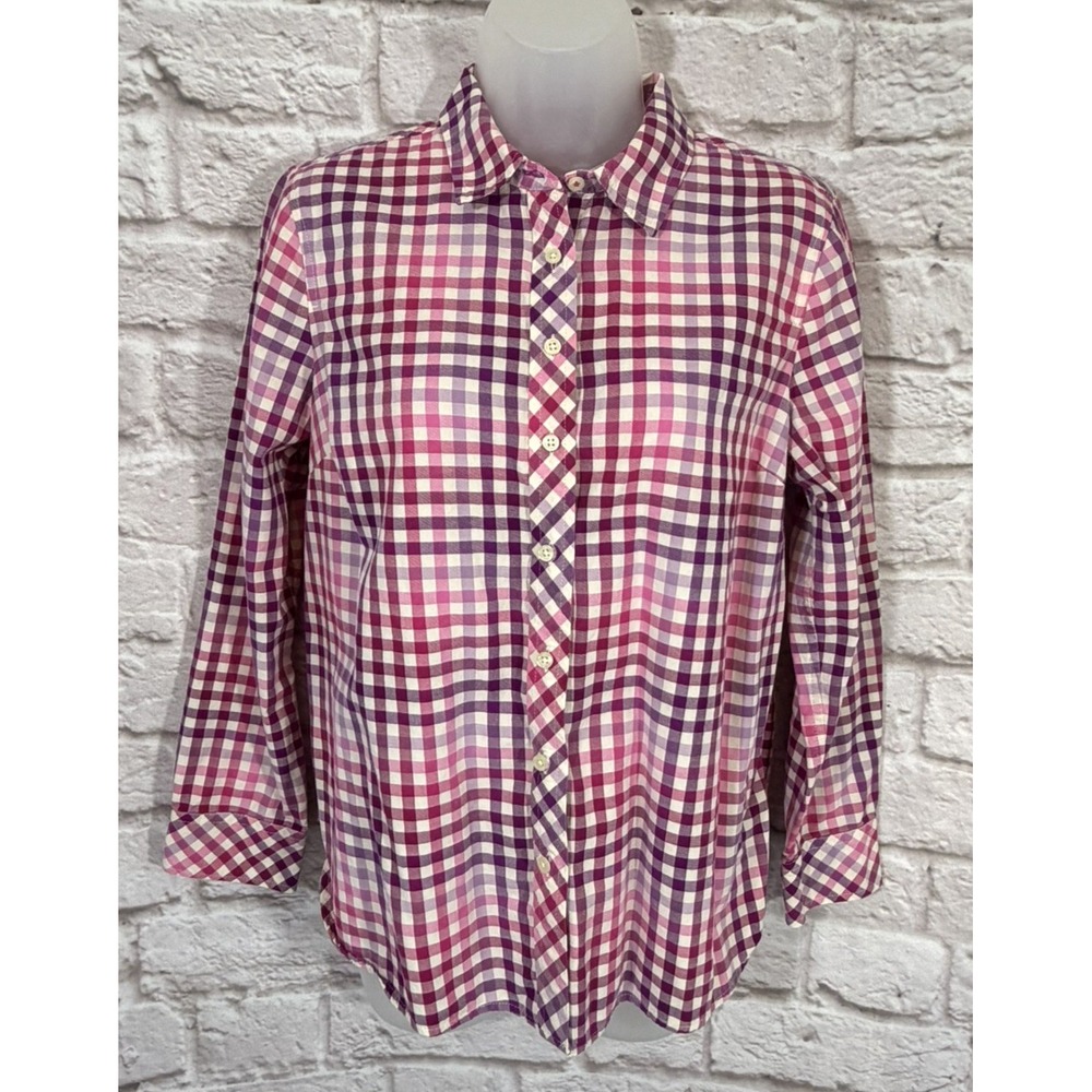 Talbots Button Up Shirt Pink Purple Medium Petite PM Gingham Plaid Cotton Top